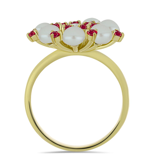 Inel din Argint 925 Placat cu Aur ( 3.99 grame ) cu Perlă de Apă Dulce Albă și Rubin Malagasy 5.62 Carate