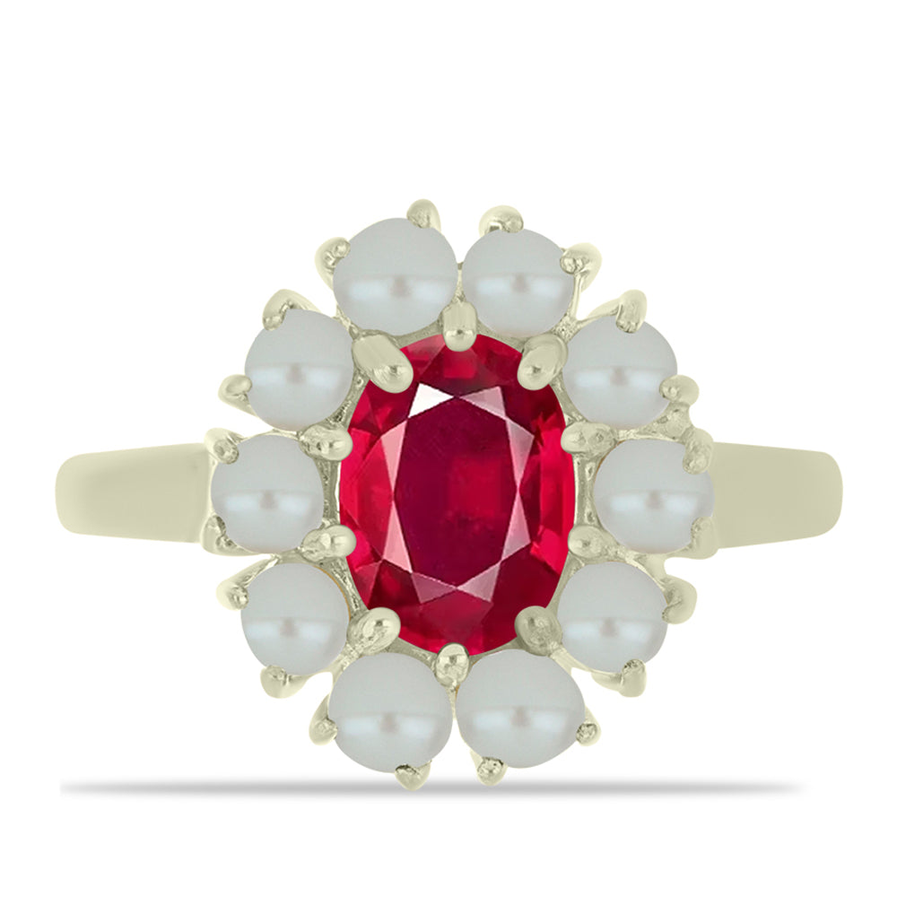 Inel din Argint 925 Placat cu Aur ( 2.91 grame ) cu Perlă de Apă Dulce Albă și Rubin Malagasy 3.32 Carate