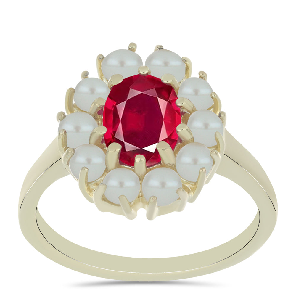 Inel din Argint 925 Placat cu Aur ( 2.91 grame ) cu Perlă de Apă Dulce Albă și Rubin Malagasy 3.32 Carate