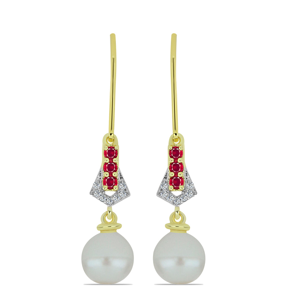 Cercei din Argint 925 Placat cu Aur ( 2.17 grame ) cu Perlă de Apă Dulce Albă și Rubin Malagasy 8.49 Carate 1 
