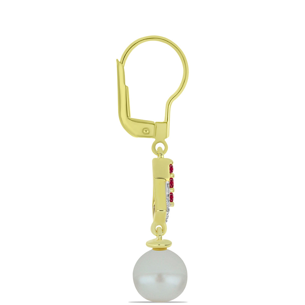 Cercei din Argint 925 Placat cu Aur ( 2.17 grame ) cu Perlă de Apă Dulce Albă și Rubin Malagasy 8.49 Carate 2 
