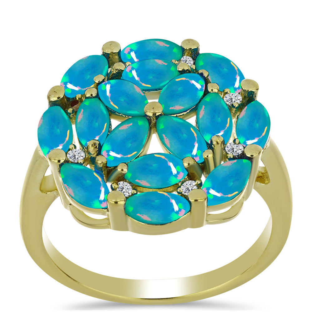 Inel din Argint 925 Placat cu Aur ( 4.11 grame ) cu Opal Albastru Etiopian Paraiba și Topaz Alb 1.55 Carate