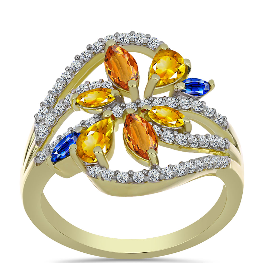 Inel din Argint 925 Placat cu Aur ( 4.04 grame ) cu Safir Rosebery Curcubeu și Topaz Alb 2.02 Carate