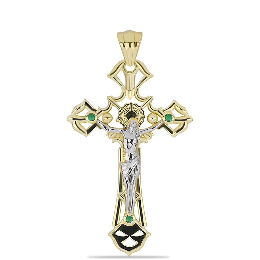 Cruce Pandantiv din Argint 925 Placat cu Aur de 2 tonuri ( 10.14 grame ) cu Smarald Brazilian 0.12 Carate 1 