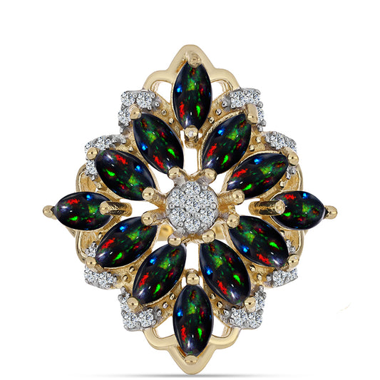 Inel din Argint 925 Placat cu Aur ( 4.5 grame ) cu Opal Etiopian Negru Lega Dembi și Topaz Alb 2.11 Carate