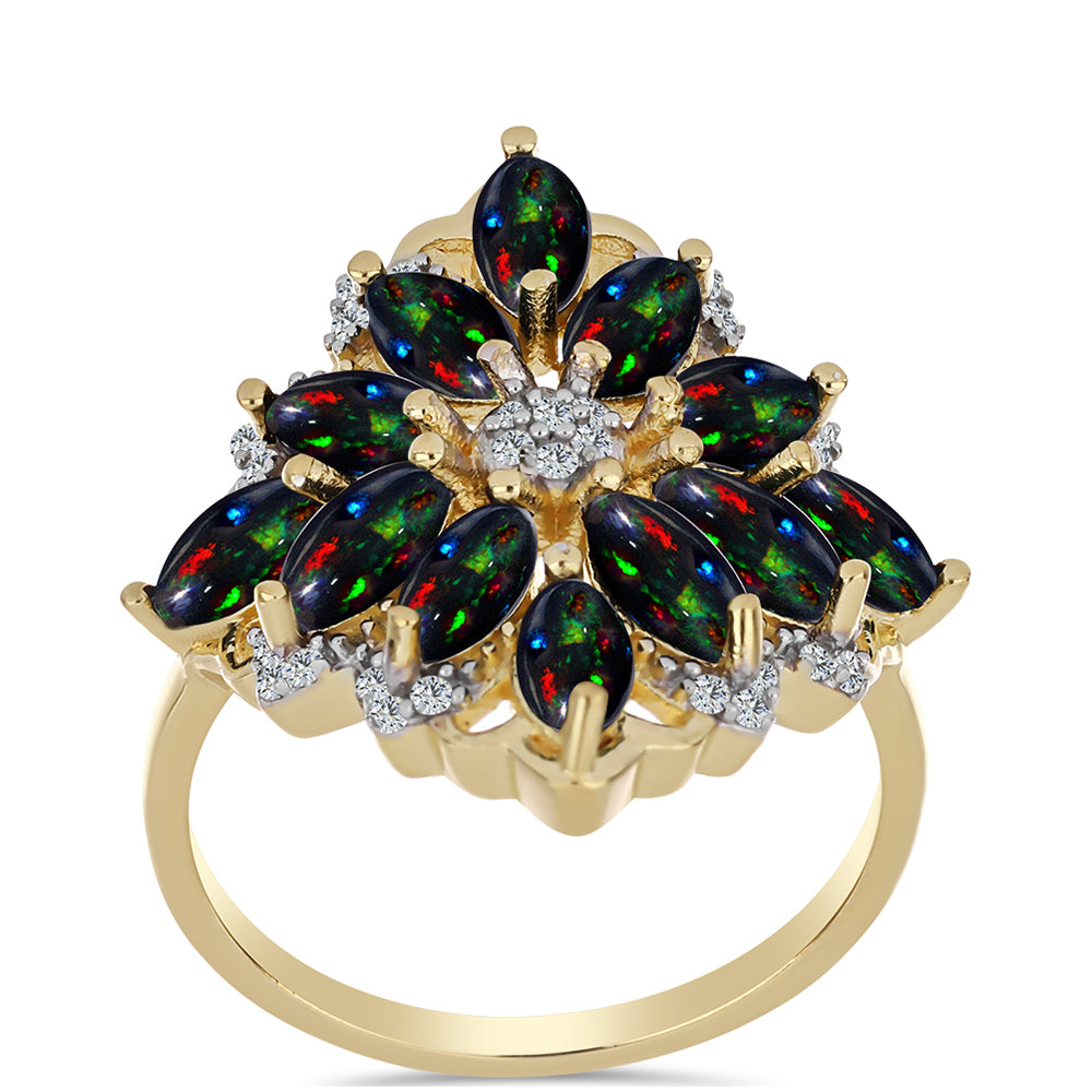 Inel din Argint 925 Placat cu Aur ( 4.5 grame ) cu Opal Etiopian Negru Lega Dembi și Topaz Alb 2.11 Carate 3 