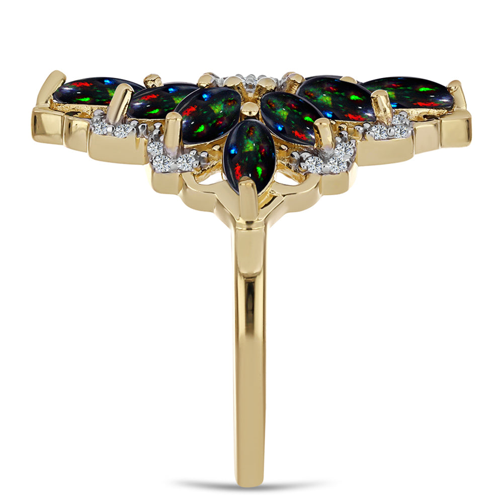 Inel din Argint 925 Placat cu Aur ( 4.5 grame ) cu Opal Etiopian Negru Lega Dembi și Topaz Alb 2.11 Carate