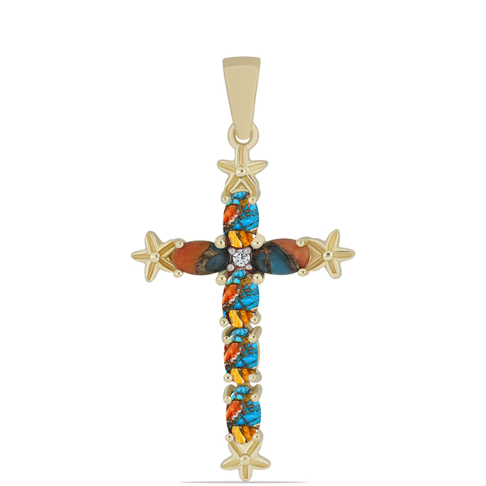 Cruce Pandantiv din Argint 925 Placat cu Aur ( 2.13 grame ) cu Turcoaz Oyster și Topaz Alb 1.72 Carate