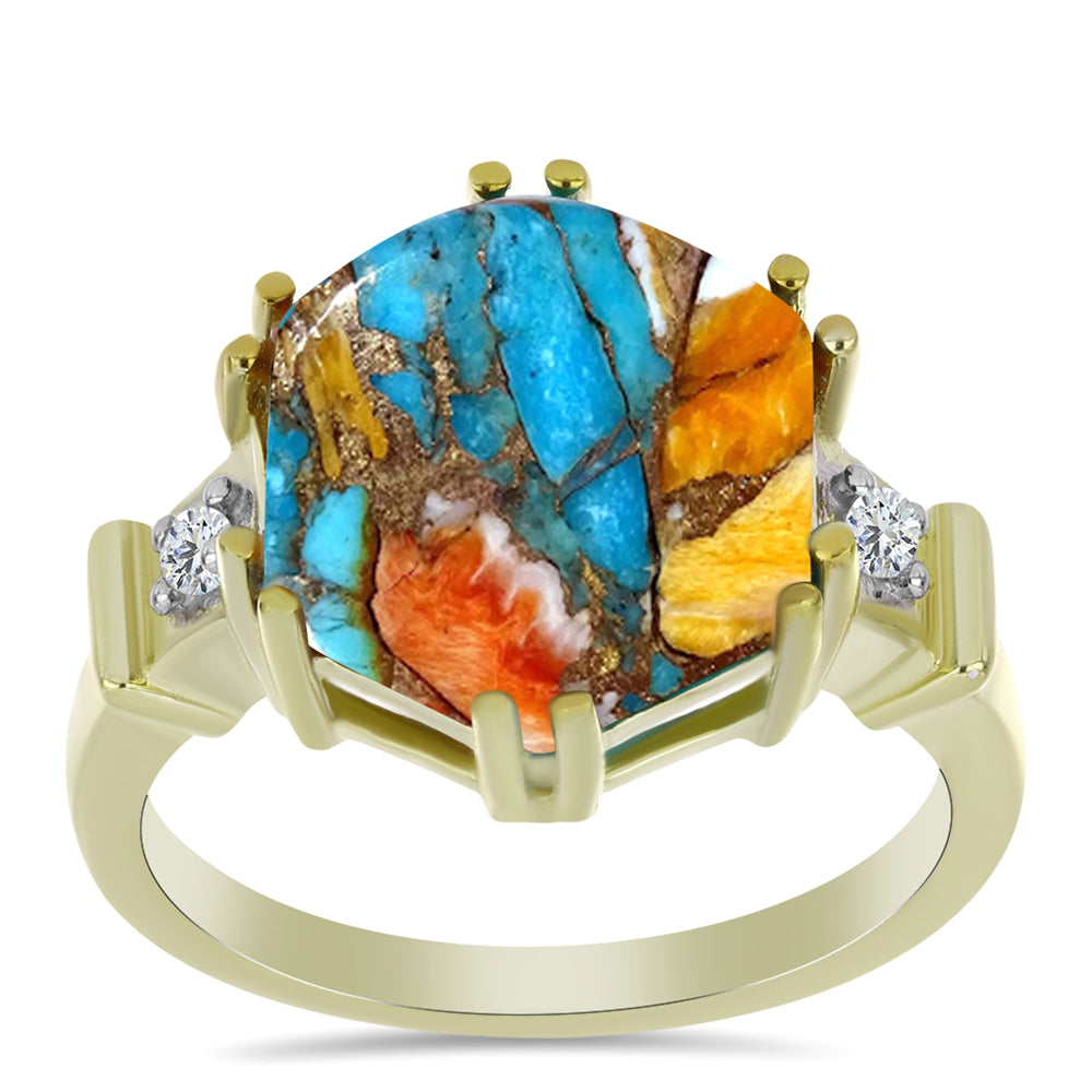Inel din Argint 925 Placat cu Aur ( 3.37 grame ) cu Turcoaz Oyster și Topaz Alb 8.25 Carate 3 