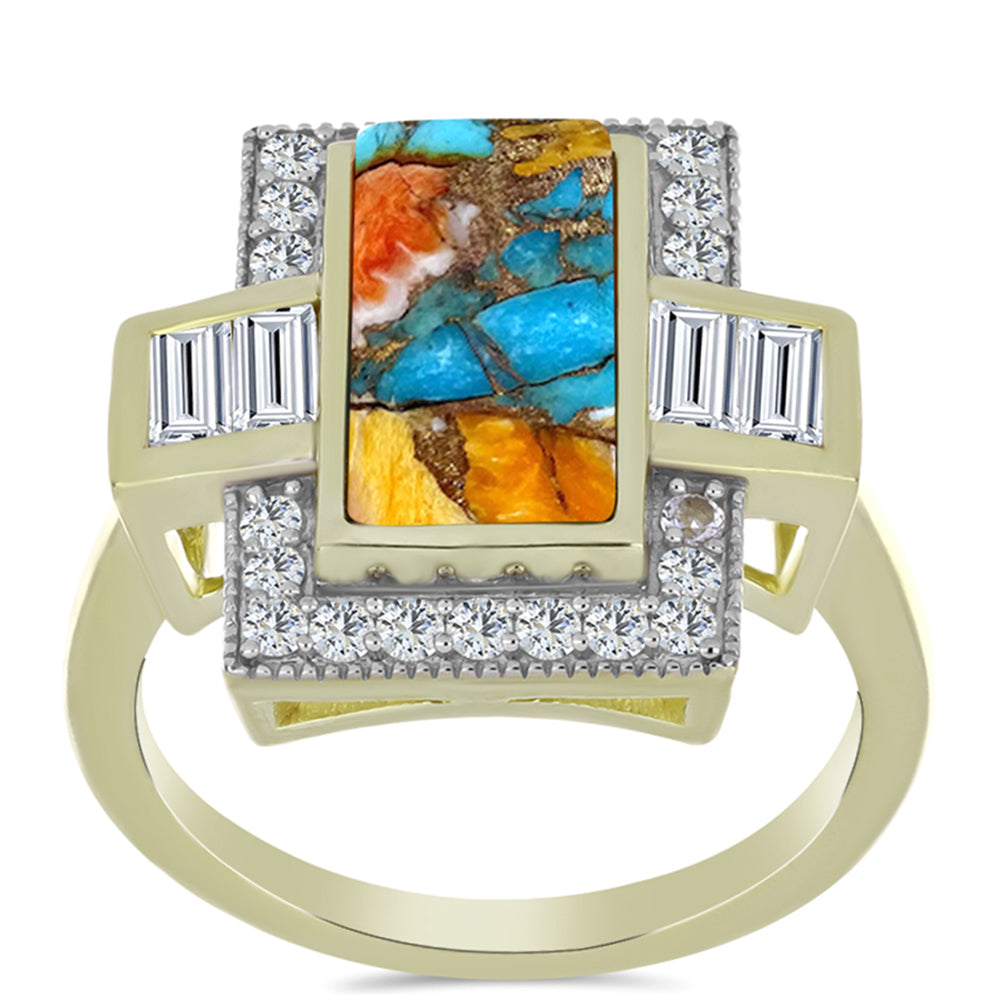 Inel din Argint 925 Placat cu Aur ( 4.59 grame ) cu Turcoaz Oyster și Topaz Alb 3.91 Carate 3 