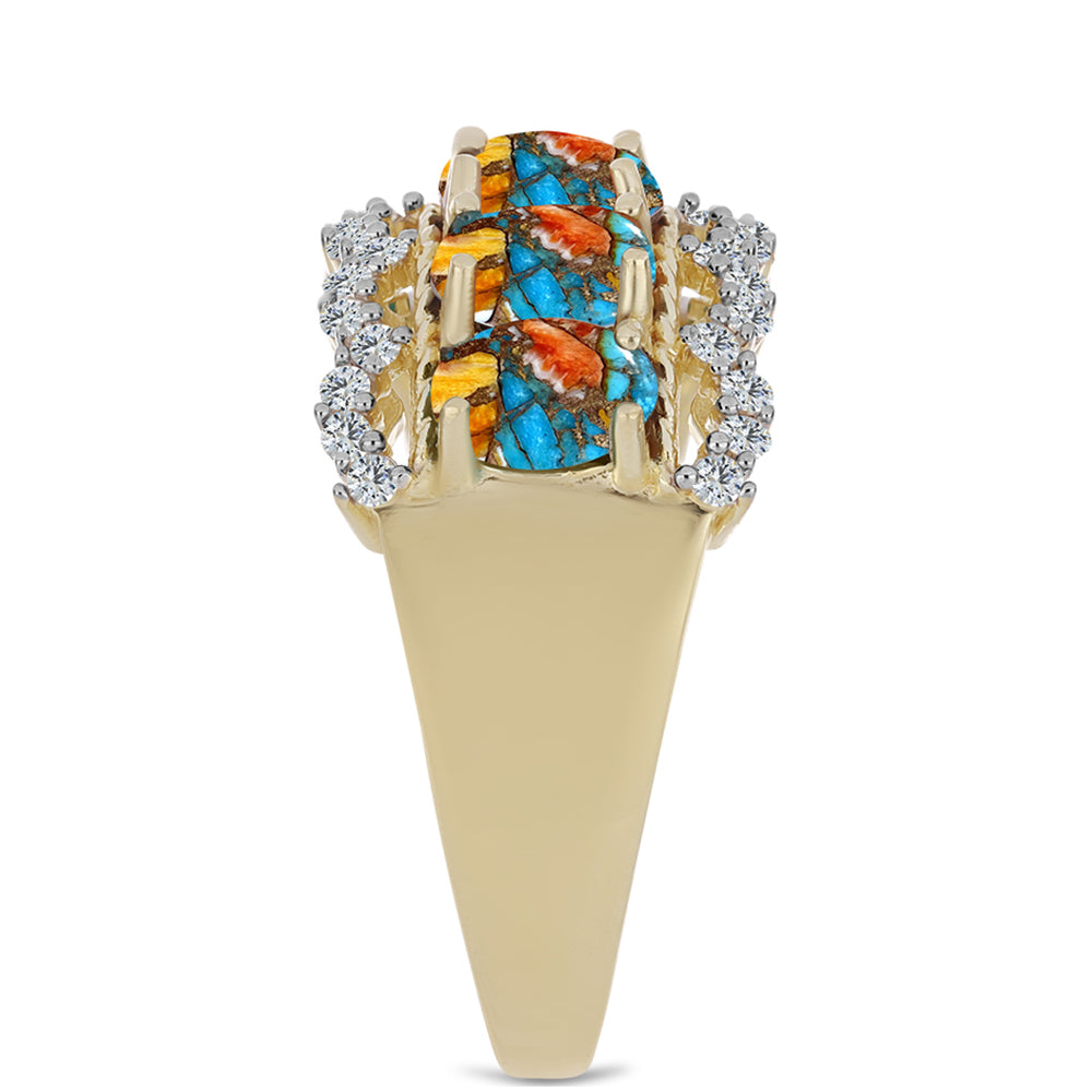 Inel din Argint 925 Placat cu Aur ( 5.28 grame ) cu Turcoaz Oyster și Topaz Alb 3.18 Carate 4 