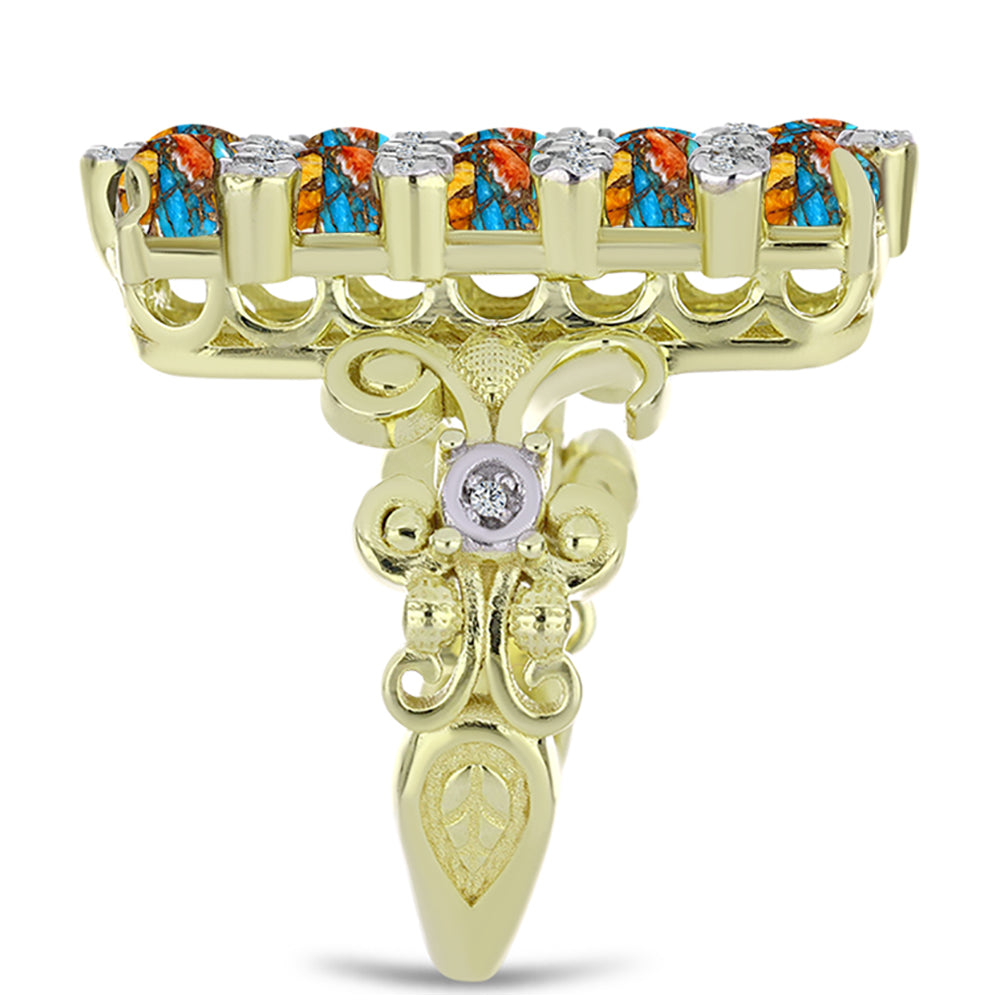 Inel din Argint 925 Placat cu Aur ( 7.35 grame ) cu Turcoaz Oyster și Topaz Alb 3.92 Carate 4 