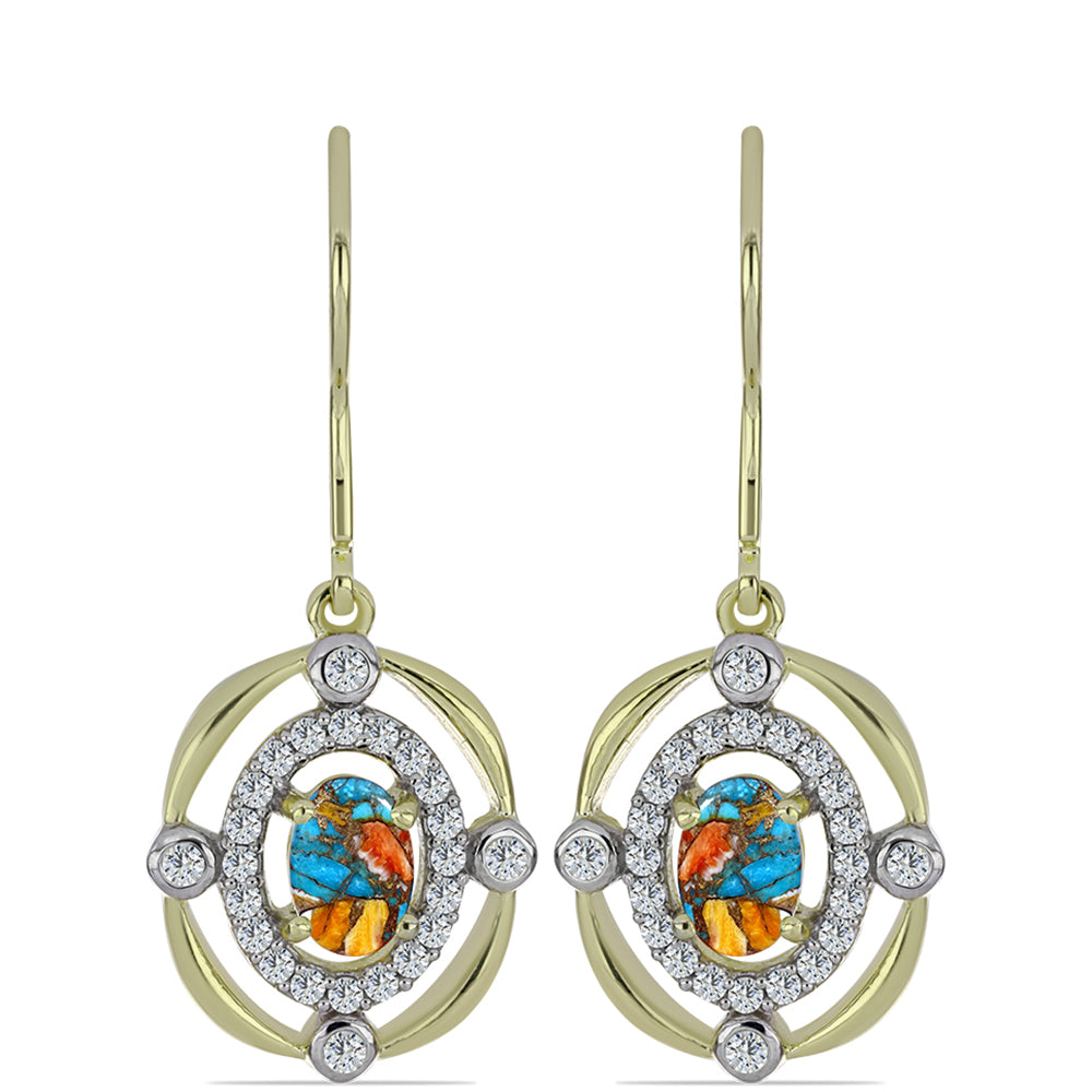 Cercei din Argint 925 Placat cu Aur ( 3.65 grame ) cu Turcoaz Oyster și Topaz Alb 1.6 Carate 1 