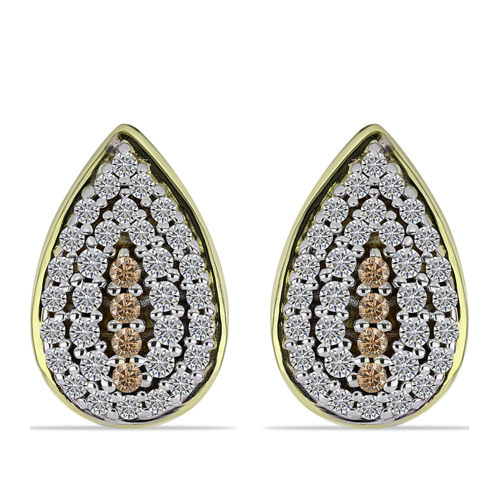 Set din Argint 925 Placat cu Aur ( 5.46 grame ) cu Diamant de culoarea Șampaniei și Topaz Alb 1.19 Carate ( Cercei+Inel+Pandantiv ) 4 