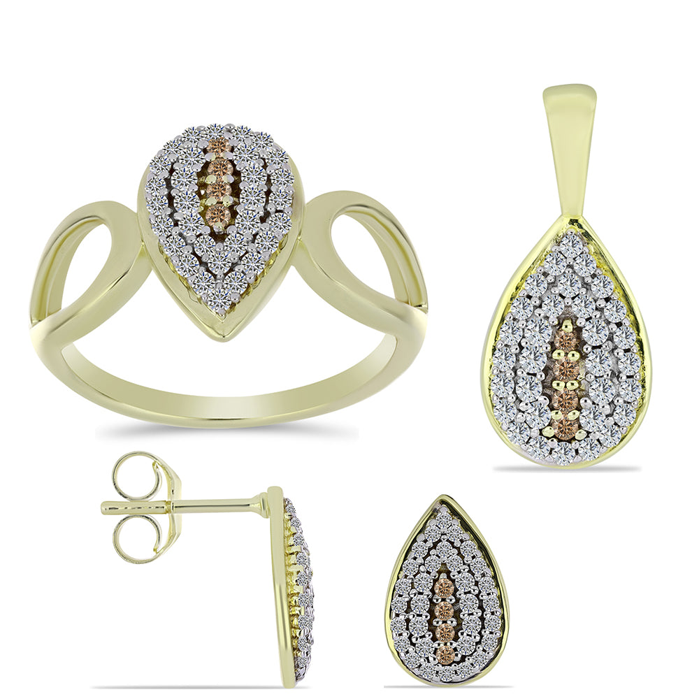 Set din Argint 925 Placat cu Aur ( 5.46 grame ) cu Diamant de culoarea Șampaniei și Topaz Alb 1.19 Carate ( Cercei+Inel+Pandantiv )