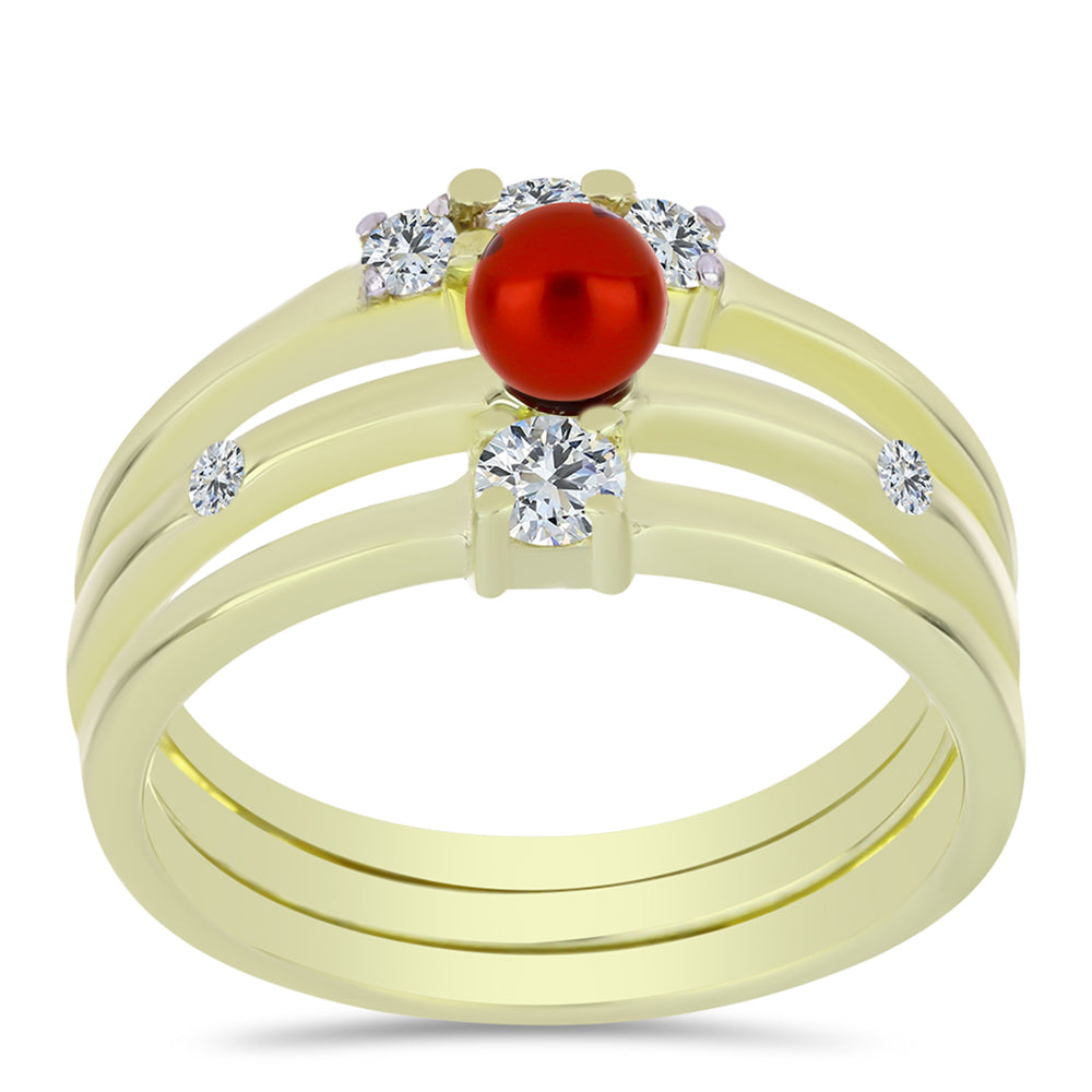 Set din Argint 925 Placat cu Aur ( 4.42 grame ) cu Perlă de apă dulce roșie și Topaz Alb 0.78 Carate ( Inel ) 3 