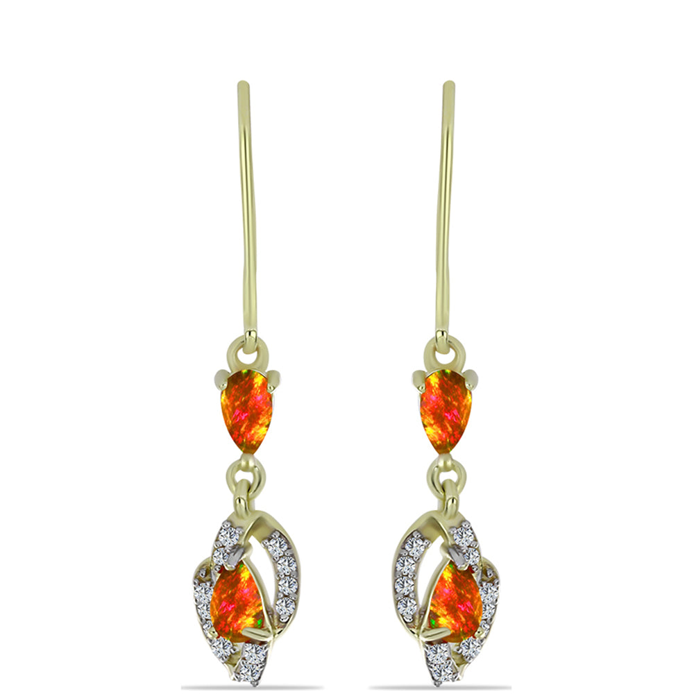 Cercei din Argint 925 Placat cu Aur ( 1.95 grame ) cu Opal de Foc American și Topaz Alb 0.72 Carate 1 