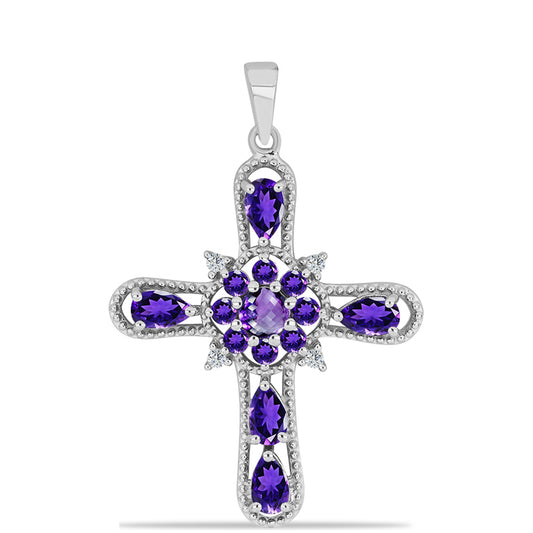 Cruce Pandantiv din Argint 925 ( 2.65 grame ) cu Ametist Marocan și Topaz Alb 1.57 Carate