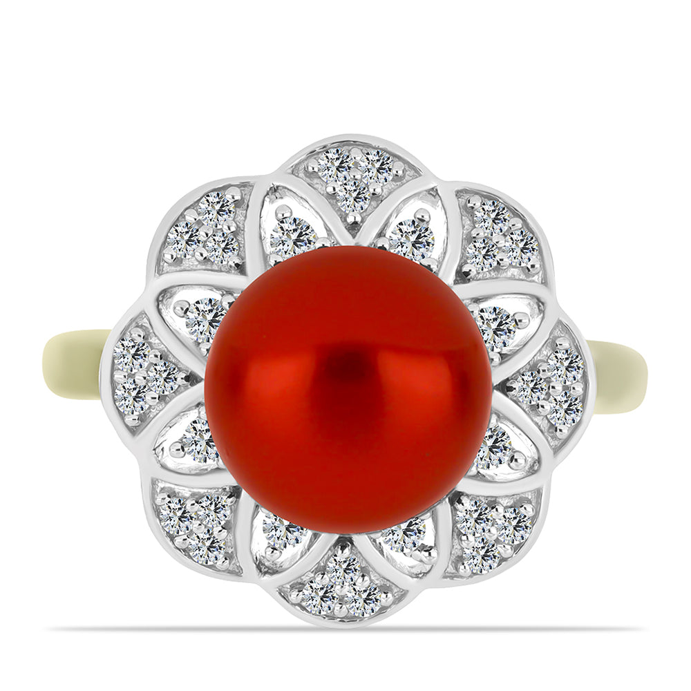 Inel din Argint 925 Placat cu Aur ( 4.43 grame ) cu Perlă de apă dulce roșie și Topaz Alb 4.59 Carate 1 
