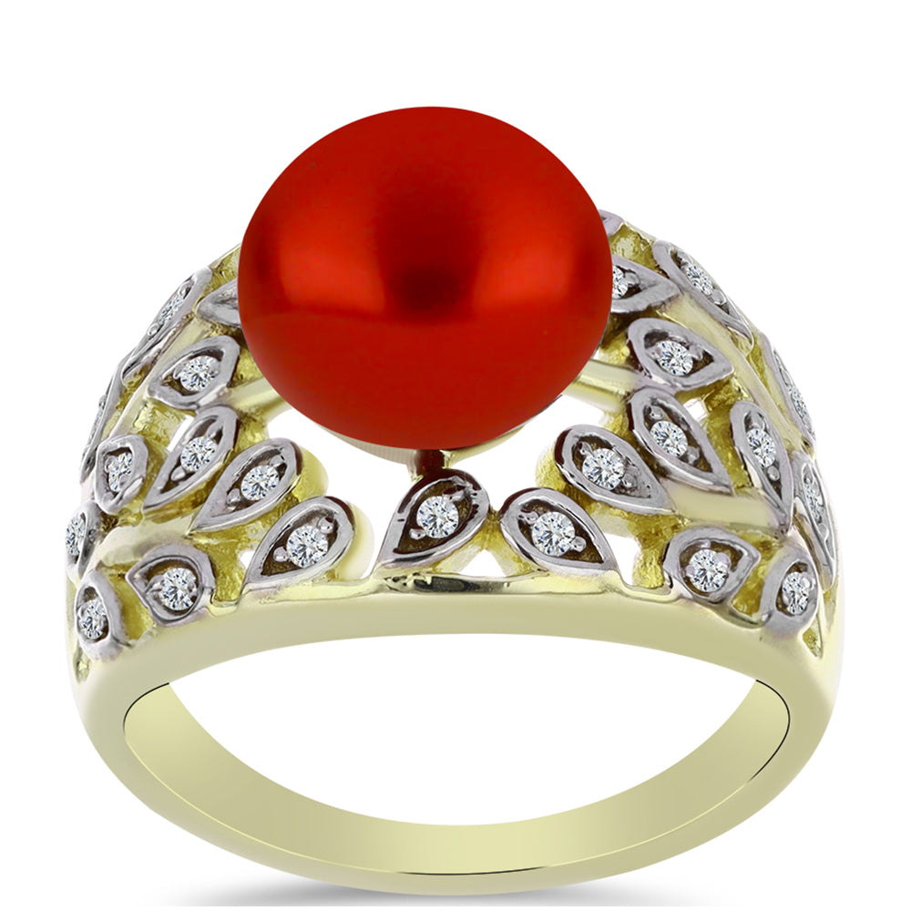Inel din Argint 925 Placat cu Aur ( 5.01 grame ) cu Perlă de apă dulce roșie și Topaz Alb 4.44 Carate 3 