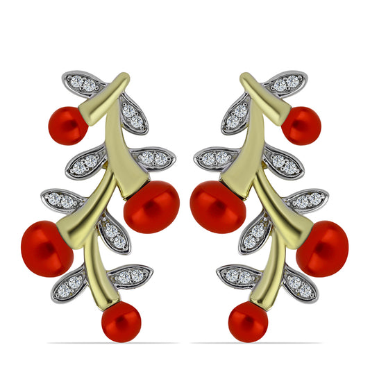 Cercei din Argint 925 Placat cu Aur ( 5.79 grame ) cu Perlă de apă dulce roșie și Topaz Alb 6.4 Carate