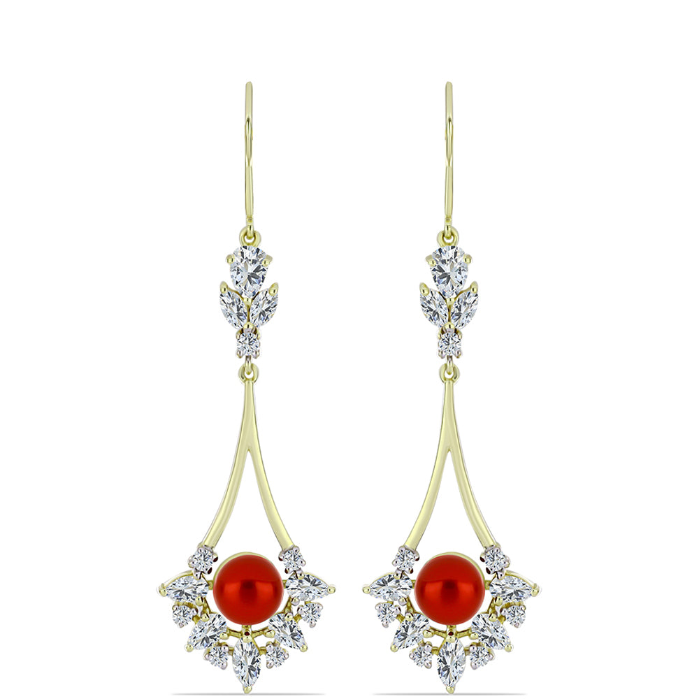 Cercei din Argint 925 Placat cu Aur ( 7.15 grame ) cu Perlă de apă dulce roșie și Topaz Alb 8.99 Carate 1 