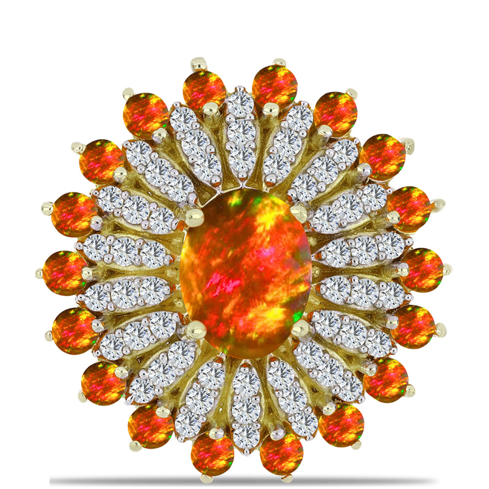 Inel din Argint 925 Placat cu Aur ( 4.14 grame ) cu Opal de Foc American și Topaz Alb 1.81 Carate 1 