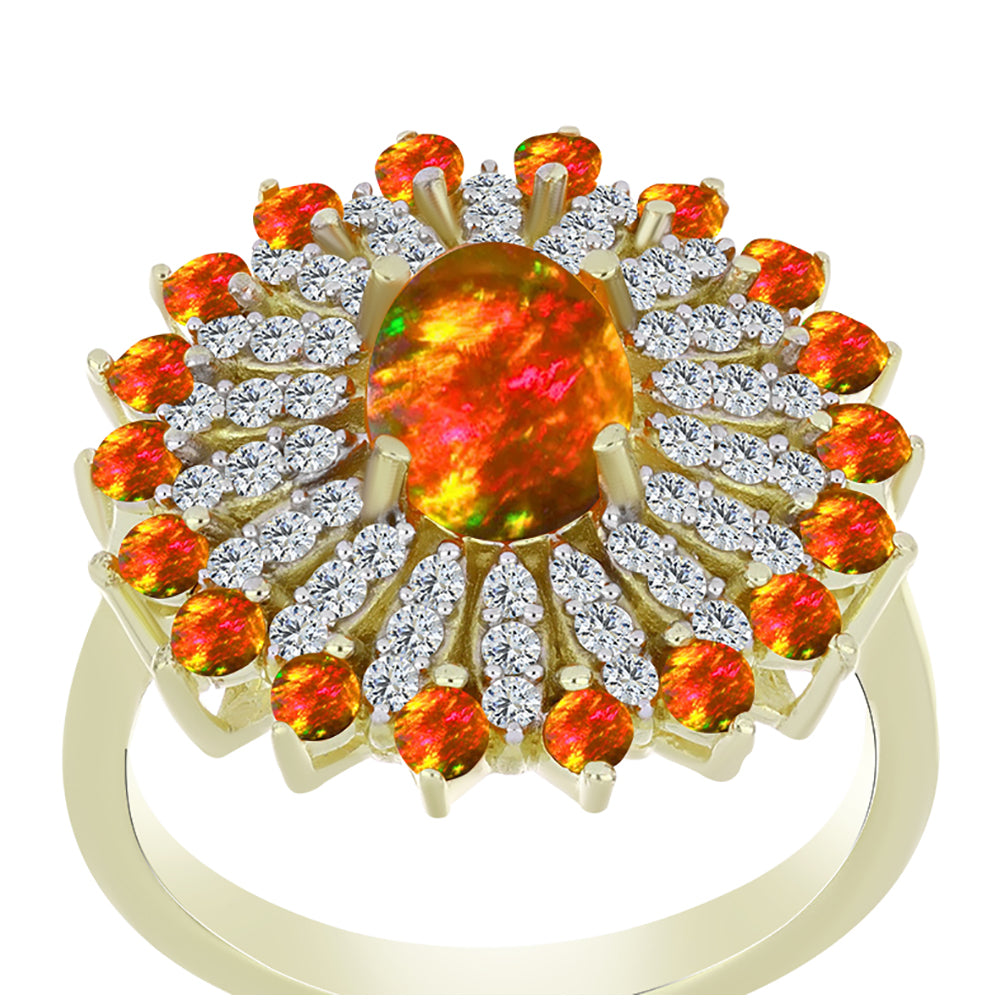 Inel din Argint 925 Placat cu Aur ( 4.14 grame ) cu Opal de Foc American și Topaz Alb 1.81 Carate