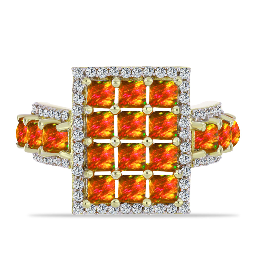 Inel din Argint 925 Placat cu Aur ( 6.24 grame ) cu Opal de Foc American și Topaz Alb 2.56 Carate