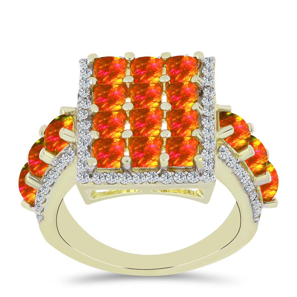 Inel din Argint 925 Placat cu Aur ( 6.24 grame ) cu Opal de Foc American și Topaz Alb 2.56 Carate 3 