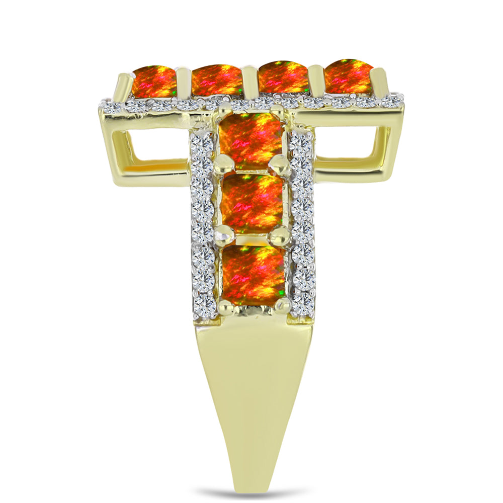 Inel din Argint 925 Placat cu Aur ( 6.24 grame ) cu Opal de Foc American și Topaz Alb 2.56 Carate 4 