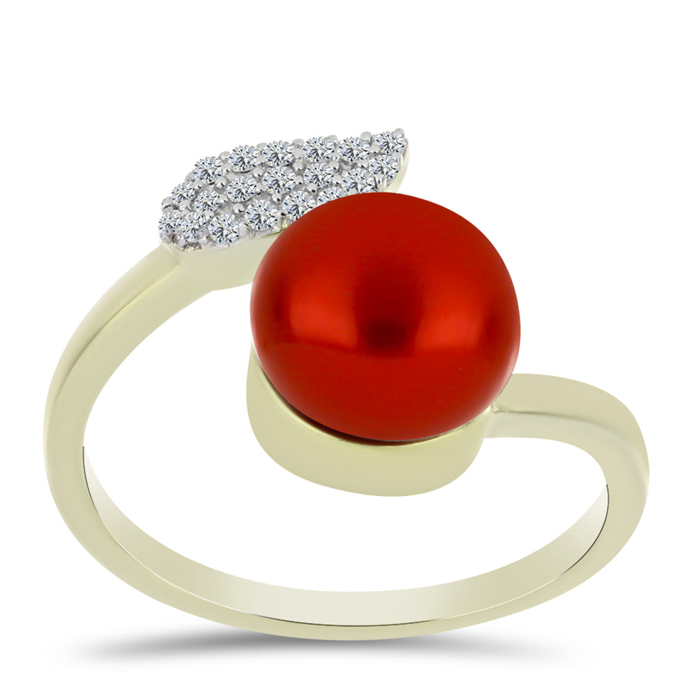 Inel din Argint 925 Placat cu Aur ( 3.23 grame ) cu Perlă de apă dulce roșie și Topaz Alb 4.48 Carate 3 