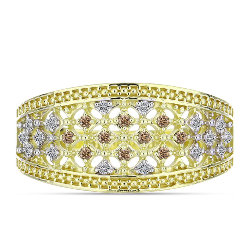 Inel din Argint 925 Placat cu Aur ( 3.26 grame ) cu Diamant de culoarea Șampaniei și Diamant Alb 0.2 Carate 1 