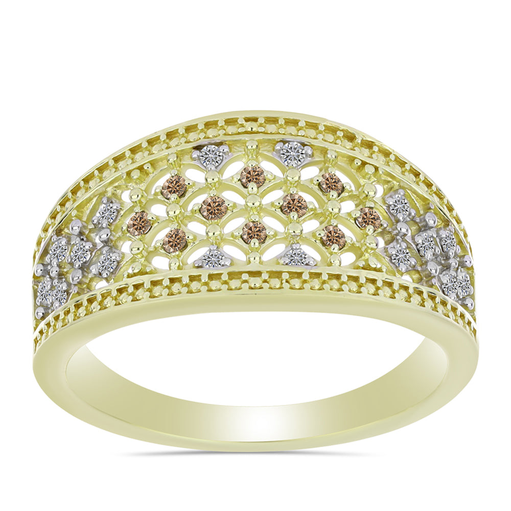 Inel din Argint 925 Placat cu Aur ( 3.26 grame ) cu Diamant de culoarea Șampaniei și Diamant Alb 0.2 Carate 3 