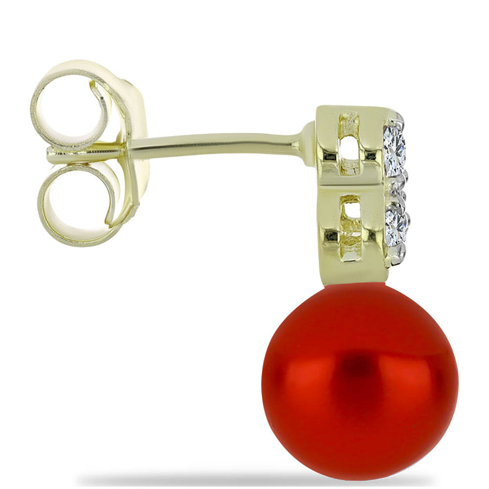 Cercei din Argint 925 Placat cu Aur ( 1.67 grame ) cu Perlă de apă dulce roșie și Topaz Alb 5.82 Carate