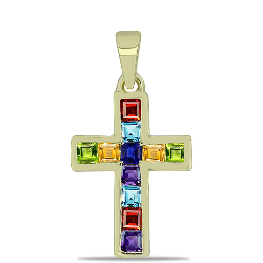 Cruce Pandantiv din Argint 925 Placat cu Aur ( 0.87 grame ) cu Safir Rosebery Curcubeu 0.76 Carate 1 