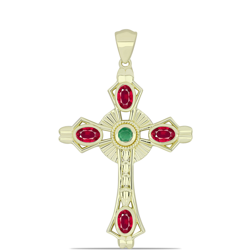 Cruce Pandantiv din Argint 925 Placat cu Aur ( 5.02 grame ) cu Rubin Malagasy și Smarald Brazilian 1.56 Carate