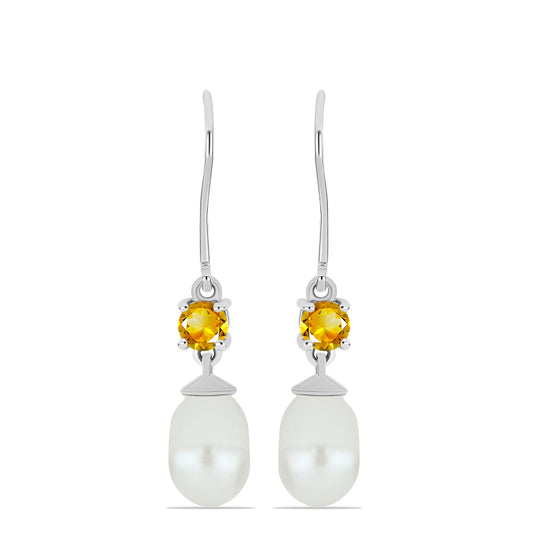 Cercei din Argint 925 ( 1.67 grame ) cu Citrin Ural și Perlă de Apă Dulce Albă 7.88 Carate