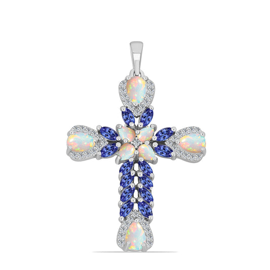 Cruce Pandantiv din Argint 925 ( 4.04 grame ) cu Tanzanit și Opal Etiopian Lega Dembi 3.34 Carate