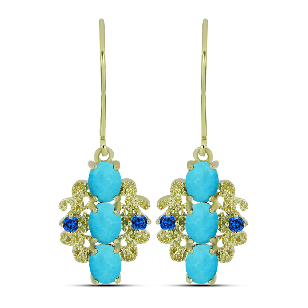 Cercei din Argint 925 Placat cu Aur ( 3.39 grame ) cu Turcoaz ”Frumoasa Adormită” și Topaz Albastru ”Elveția” 2.22 Carate