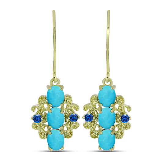 Cercei din Argint 925 Placat cu Aur ( 3.39 grame ) cu Turcoaz ”Frumoasa Adormită” și Topaz Albastru ”Elveția” 2.22 Carate