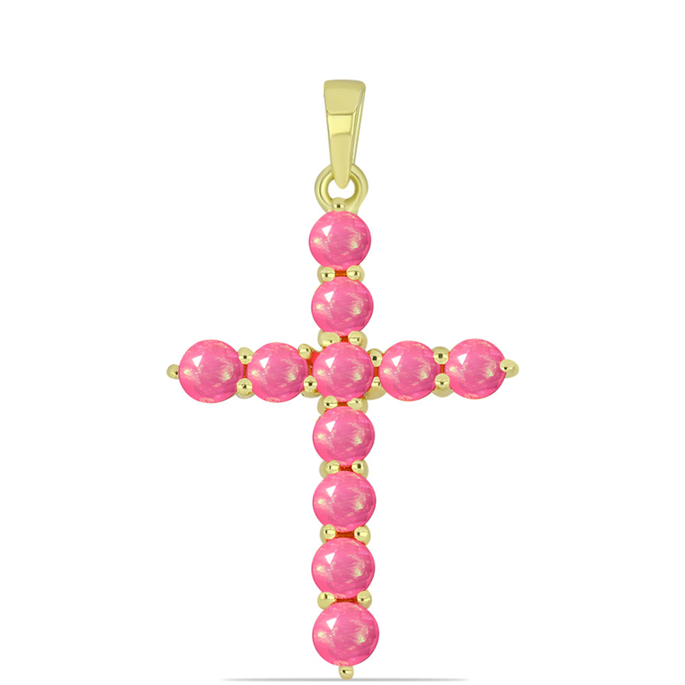 Cruce Pandantiv din Argint 925 Placat cu Aur ( 1.6 grame ) cu Opal Etiopian Roz Lega Dembi 0.77 Carate