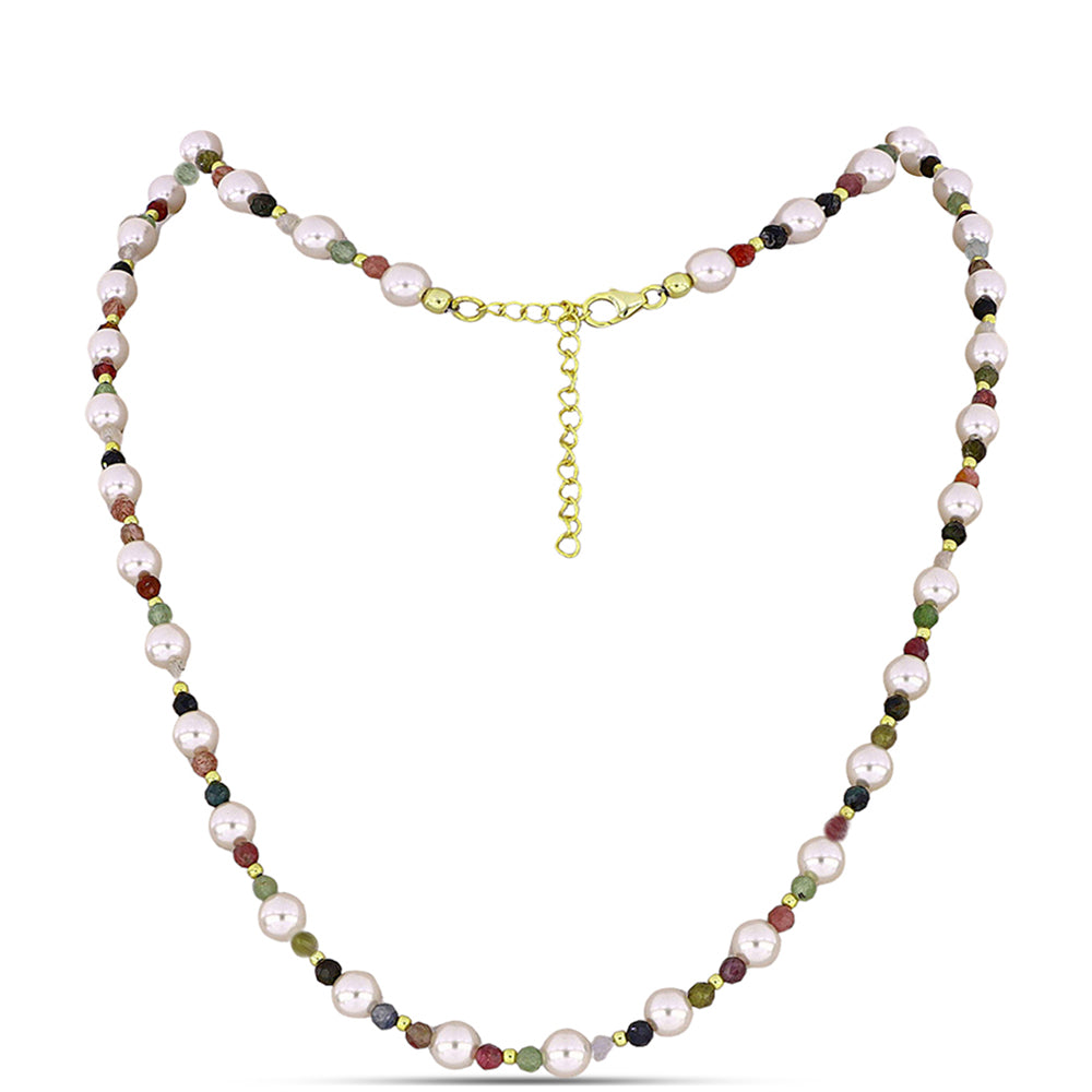 Colier din Argint 925 Placat cu Aur ( 1.8 grame ) cu Turmalină Chakra și Perlă de Apă Dulce Albă 61 Carate