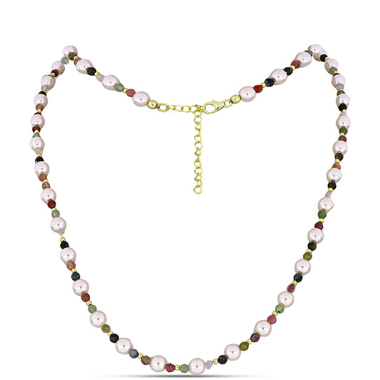 Colier din Argint 925 Placat cu Aur ( 1.8 grame ) cu Turmalină Chakra și Perlă de Apă Dulce Albă 61 Carate