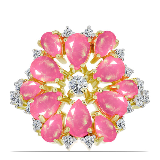 Inel din Argint 925 Placat cu Aur ( 6.01 grame ) cu Opal Etiopian Roz Lega Dembi și Topaz Alb 2.76 Carate