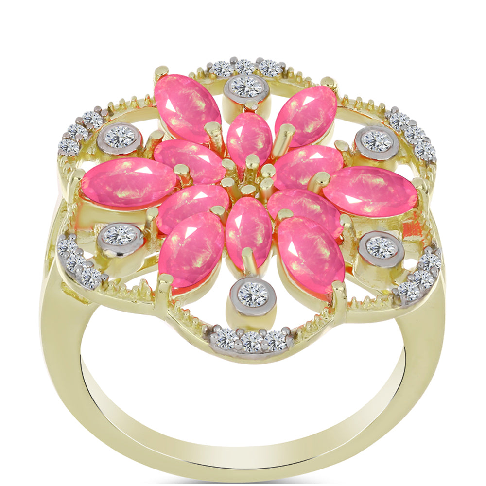 Inel din Argint 925 Placat cu Aur ( 6.07 grame ) cu Opal Etiopian Roz Lega Dembi și Topaz Alb 1.57 Carate 3 