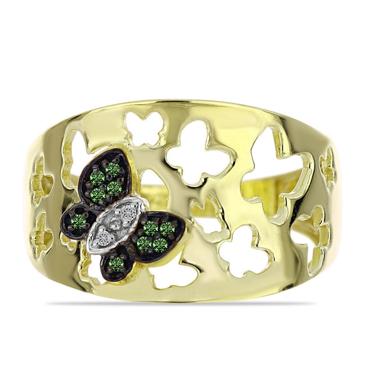 Inel din Argint 925 Placat cu Aur ( 4.47 grame ) cu Diamant Verde și Diamant Alb 0.08 Carate