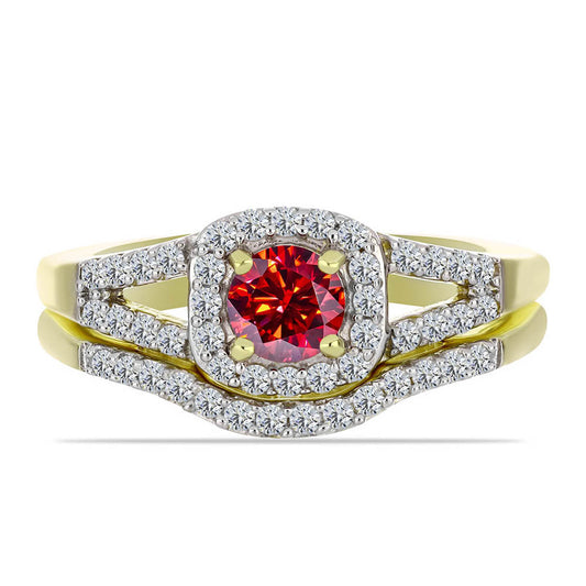 Inel din Argint 925 Placat cu Aur ( 4.46 grame ) cu Moissanite Roșu Majestic și Topaz Alb 1 Carate