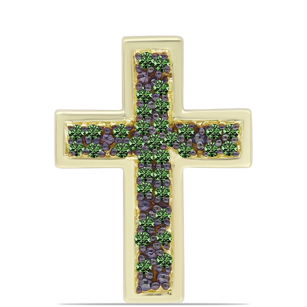 Cruce Pandantiv din Argint 925 Placat cu Aur ( 1.61 grame ) cu Diamant Verde 0.28 Carate 1 