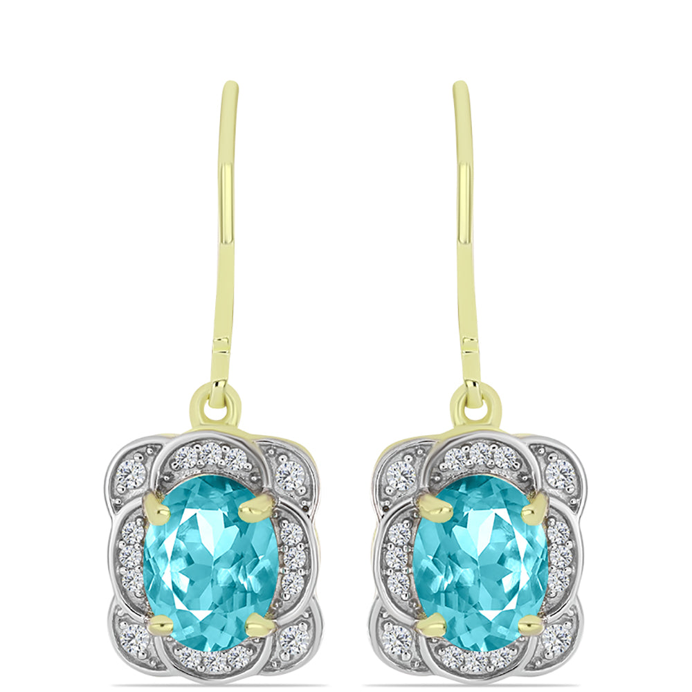 Cercei din Argint 925 Placat cu Aur ( 3.28 grame ) cu Cuarț Paraiba și Topaz Alb 2.52 Carate 1 